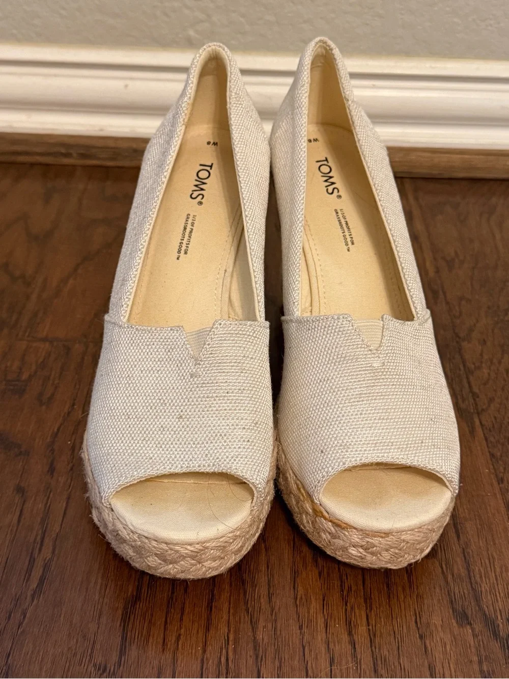 TOMS Michelle Natural Canvas Espadrille Open Toe Wedge Sandals Size 8 - Picture 1 of 15